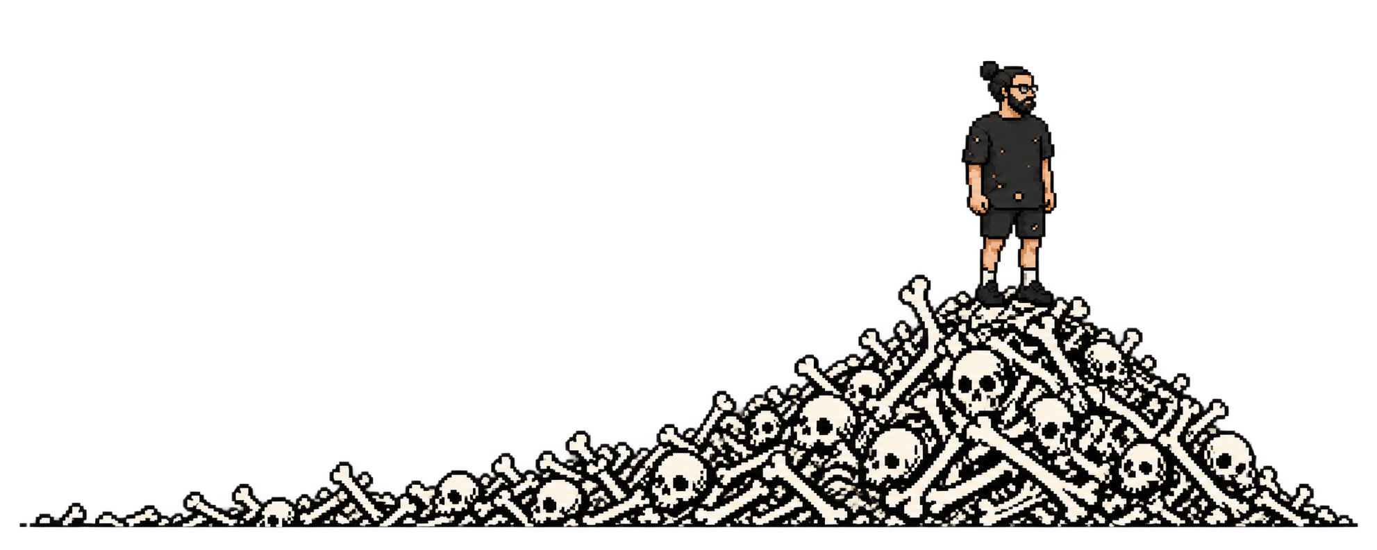 Pixel art character standing at the right of a monochrome mound of bones